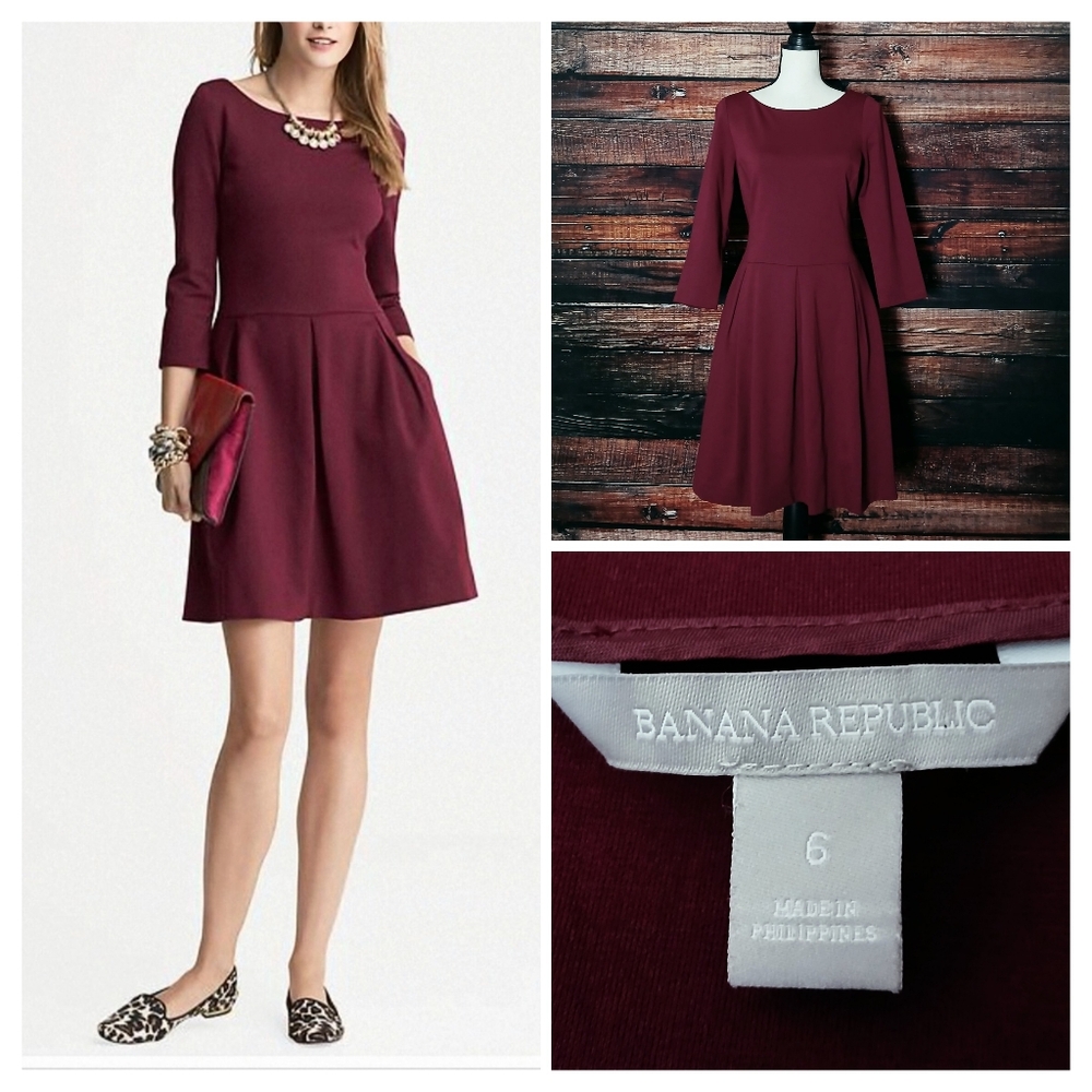 Banana Republic Dress 6 Burgundy Wine Ponte Fit & Flare Pockets Pleated Zip Back